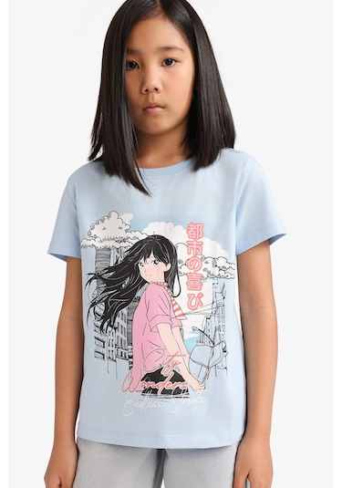 Defacto Kız Çocuk Bisiklet Yaka Anime Baskılı Kısa Kollu Tişört E0351a825smbe745 Mavi