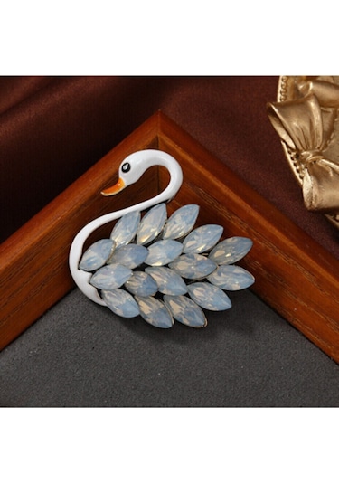 Mekik Taşlı Mineli Kuğu Broş-4.5 Cm Beyaz