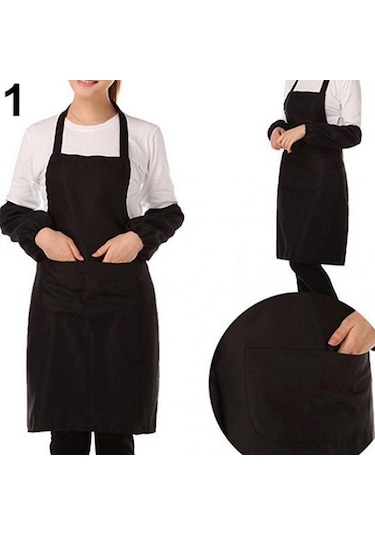 Siyah Unisex Basit Saf Renk Mutfak Restoran Önlüğü Cepli Pişirme Önlüğü
