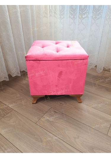 Lüks Sandıklı Tabure Puf 45 X 45 Cm Ceviz Ayak Pembe