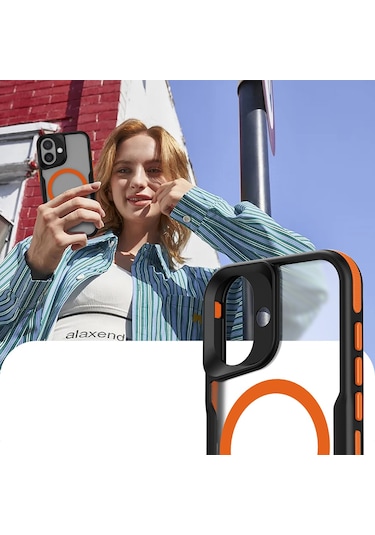 İphone Uyumlu 16 Plus Kılıf M-safe Şarj Özellikli Renkli Kenar Airbag Şeritli Lamer Kılıf Turuncu