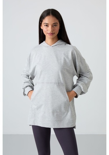 Tommy Life Gri Melanj Balon Kol Yazı Nakışlı Kadın Oversize Tunik Sweatshirt - 97163 Gri Melanj