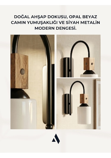 Altira Ahşap Süslemeli Duvar Apliği Rustik Modern Stil, Opal Ve Bal Camlı Beyaz