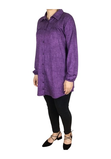 Mevsimlik Kolları Lastikli Boydan Düğmeli Gömlek Mor