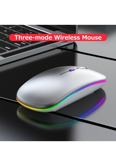 Lemestar Optik Kablosuz Fare, 2.4g+bt3.0+bt5.2 Üçlü Bağlantı, Led Işıklı, Sessiz, Ergonomik, 500mah Pil, Gümüş Type-c Adaptörü İle Optik