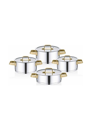 1137-g - 8 Parça, İndüksiyonlu 1. Sınıf Paslanmaz Çelik Tencere Seti, Gümüş Gövde, Gold Detay Gold - Gümüş
