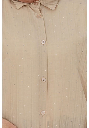 Sevitli Göğüsü Taş Detaylı Oversize Tunik-bej-5226 Bej