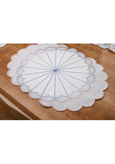 Finezza Mila Nakışlı Keten Efekt Kumaş Krem Mavi A.Servis 345x45 cm 4 Ad.-1394 Krem