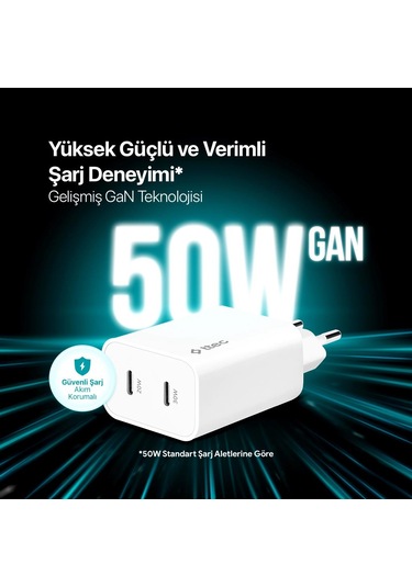 Ttec Süper Şarj Akım Koruma 2pd Giriş Gan 50w Şarj Başlığı Samsung Huawei İphone 15 15 Pro Max Uyumlu Şarj