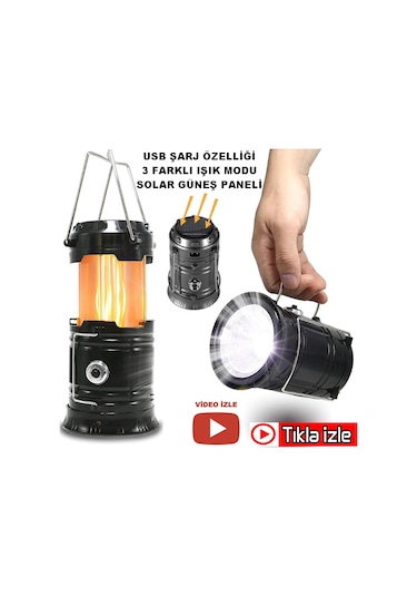 Alev Efektli Kamp Lambası Güneş Enerjili Şarj Edilebilir Usb Lamb