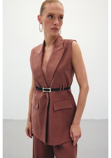 Sateen Kemerli Keten Yelek - Kahve-136331 Kahve