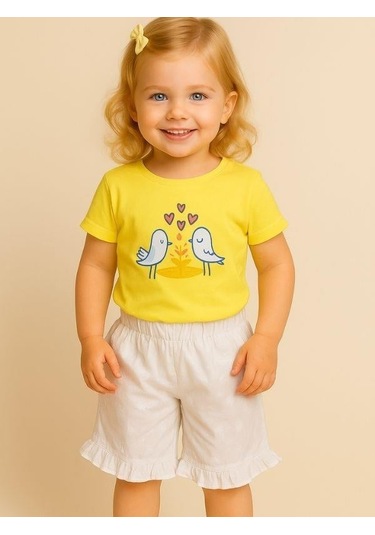 Kız Bebek Kuş Desenli Pamuklu Şortlu Takım-16072 Sari