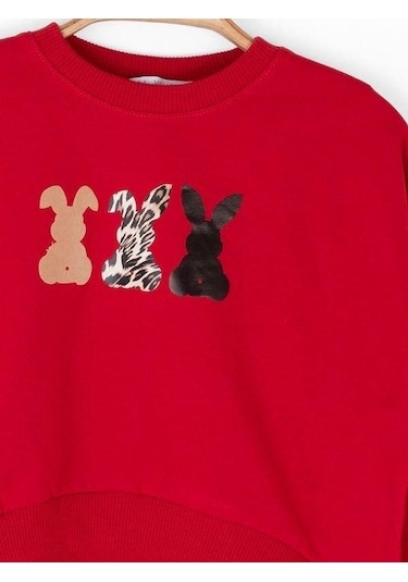 Kız Çocuk Pamuklu Orta Kalınlık Tavşan Baskılı Sweatshirt-14716 Kırmızı