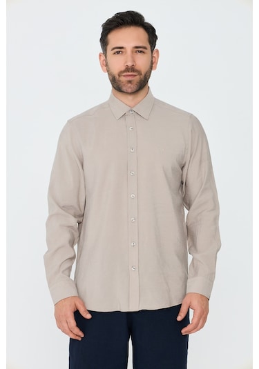 White Stone Krem Rengi Dynamic Fit Uzun Kollu Erkek Gömlek