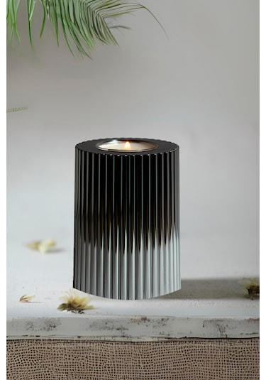 3 Lü Füme Krom Tırtıklı Yüzey Mumluk Dekoratif Tealight Set Mum