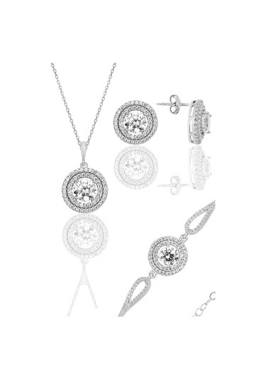 Gümüş Rodyumlu Zirkon Taşlı Pırlanta Montürlü Yuvarlak Bileklikli Üçlü Set