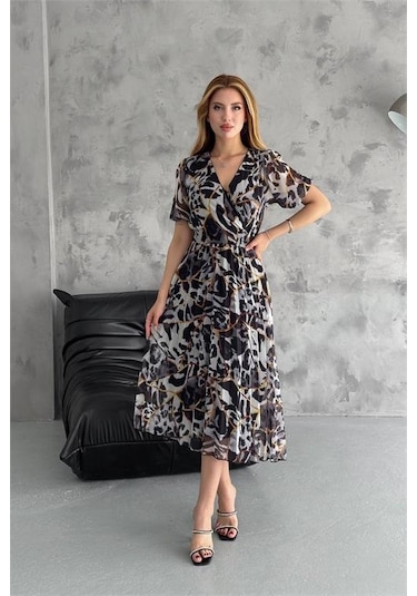 Neşeli Butik Kadın Siyah Kruvaze Yaka Desenli Şifon Elbise Nbq001 Siyah