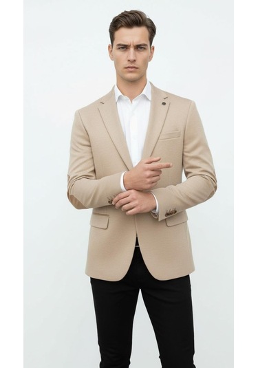Plus Scorpion Bej Erkek İtalyan Kesim Blazer Ceket Kol Yamali, Slim Fit, Şık Ve Modern Tasarım Bej