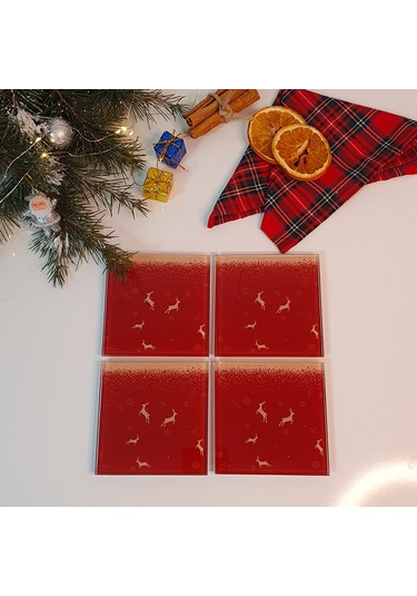 Decorita Cam Bardak Altlığı YeniYıl Kırmızı 5'li Geyik 4'lü Takım Kırmızı