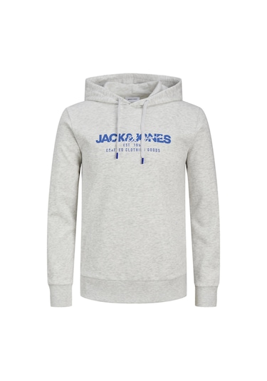 Jack & Jones Erkek Kapüsonlu Gögüs Logo Baskili Sweatshirt - Alvis 12256848 White Melange Gri