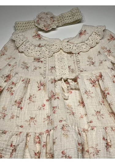 Bebe Yaka Çiçekli Müslin Kız Çocuk Elbise Açık Bej