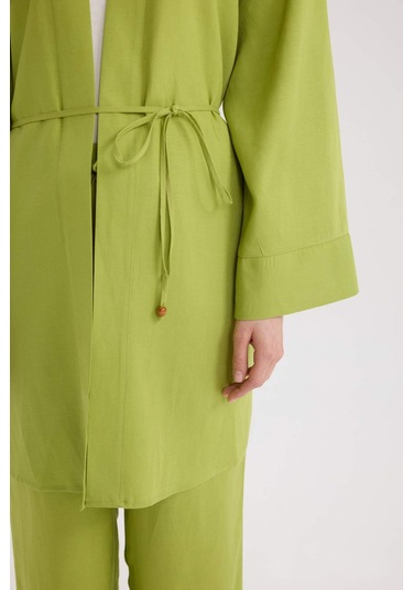 Defacto Relax Fit Kuşaklı Keten Karışımlı Kimono D8182ax25spgn698 Yeşil