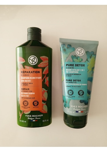 Yves Rocher Onarıcı Prebiyotik Şampuan 300 ML + Yağlı Saçlar İçin Pure Detox Maske 200 ML