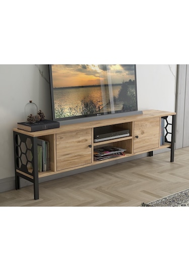 Wood'n Love Asena 160 Cm Metal Ayaklı Tv Ünitesi - Atlantik Çam / Siyah 001