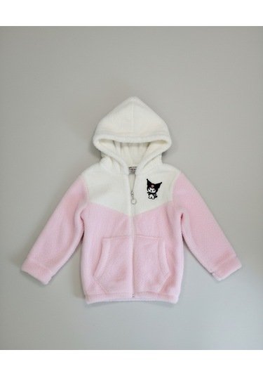 Kuromi Nakışlı Çift Renk Pelüş Kapüşonlu Kız Çocuk Hırka Açık Pembe