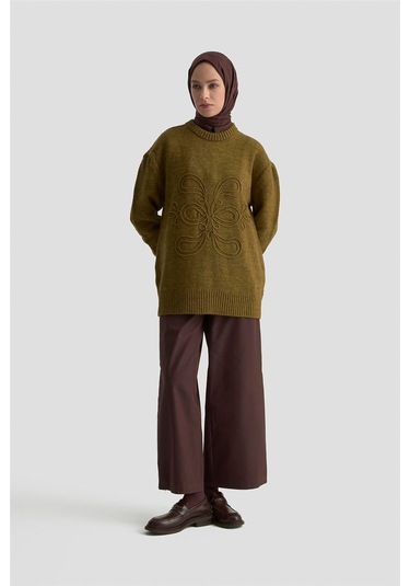 Armine İşleme Detaylı Kazak 25kd6003 Koyu Haki Haki