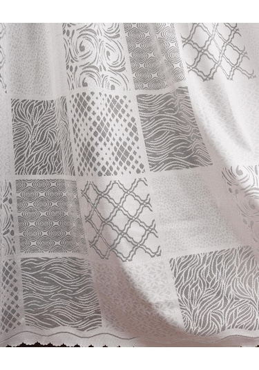 Taç Patchwork Desen Örme Tül Perde, 1/3 Sık Pile, Tek Kanat, Ekru