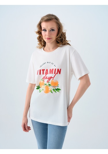 Oversize Kadın Tshirt K.kol Ekru