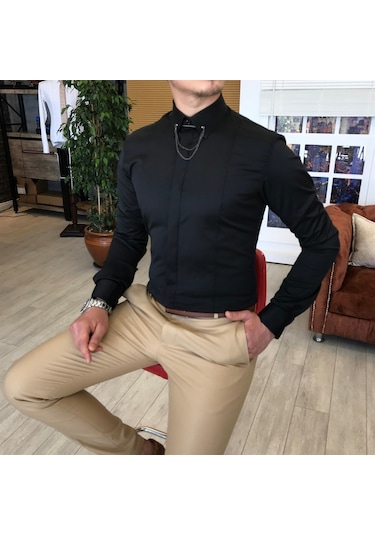 Italyan Kesim Slim Fit Erkek Saten Siyah Zincirli Gömlek T4090