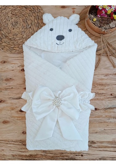 Yenidoğan Beyaz Wool Yün Kumaş Ayıcık Kulaklı Kundak Bebek Battaniyesi Beyaz