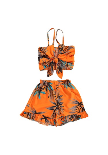 Kız Üstleri, Şortlu Takım, Ilmek Askılı Yazlık Gömlek Yaprak Baskılı Plaj Yeleği Bol Pantolon, Turuncu