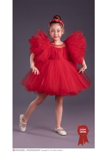 Kız Çocuk Tütü Etekli Kabarık Kollu Komotini Taçlı Abiye Elbise Kırmızı 1662 Kırmızı