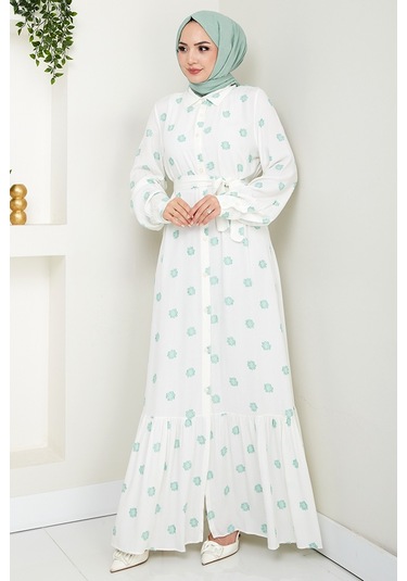 Anif Çiçek Desen Kemerli Elbise 1554 - Mint Mint