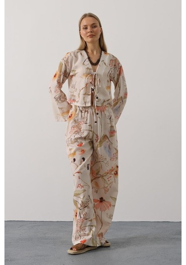 Çiçek Desen Önü Bağlamalı Pantolon Takım - Taş Altın