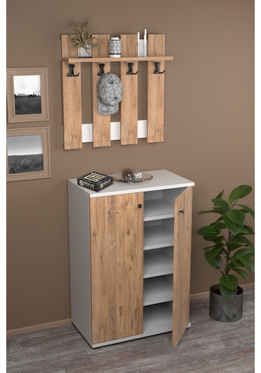 Portmanto Vestiyer 5 Raflı Ayakkabılık Ve Çit Duvar Askılık Set Çam-beyaz Kahverengi