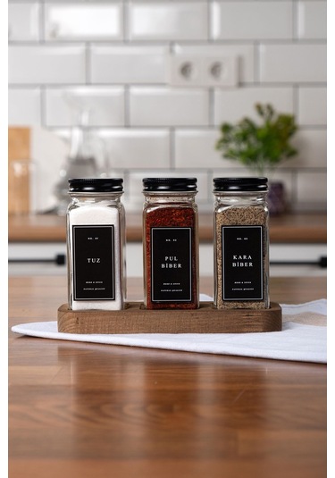 Mienda Home 3'lü Ahşap Standlı Cam Baharatlık Seti Siyah Kapaklı Etiketli Baharatlık Mh01syh03 Siyah - Şeffaf