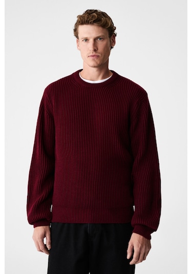 Grimelange CABLIN Erkek Yuvarlak Yaka Regular Fit Triko Bordo Kazak