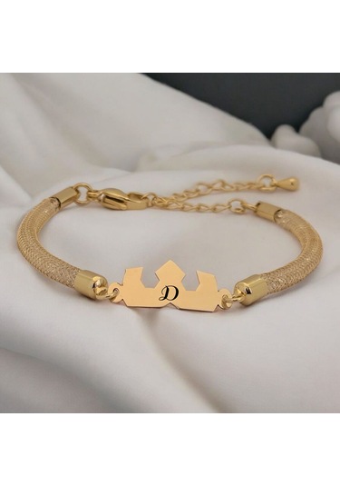 Archin D Harfine Özel Taç Motifli 14 Ayar Altın Plakalı Hasır Kordonlu Hediye Bileklik-461harf D