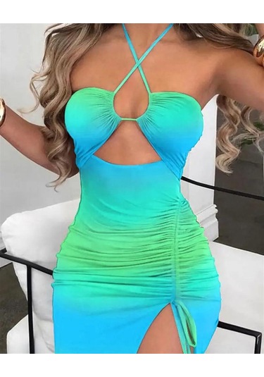 Degrade Desen Derin Yırtmaçlı Göğüs Dekolteli Sandy Kumaş Midi Elbise