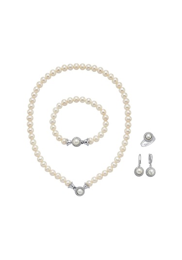 7,5 Mm Kadın Yuvarlak Taşlı Doğal İnci Küpe Kolye Yüzük Bileklik Dörtlü Set 20 Gümüş