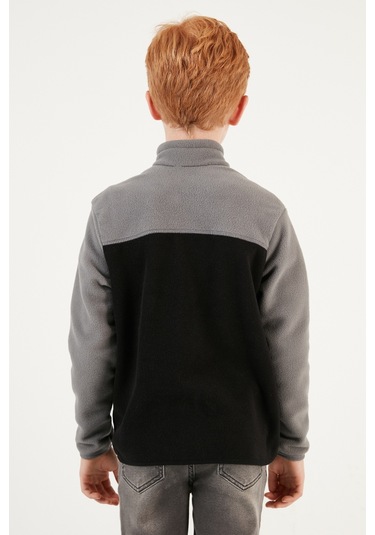 Lela Yumuşak Dokulu Fermuarlı Renk Bloklu Dik Yaka Cepli Hırka Unisex Çocuk Polar 5905001 Gri-Siyah