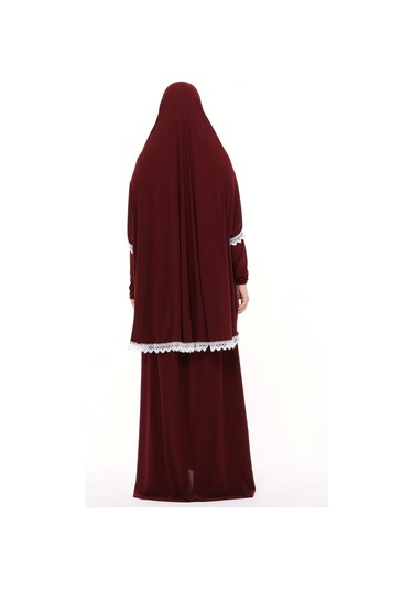 Kadın İki Parça Likra Sandy Kumaş Dantelli Kollu Namaz Elbisesi Bordo Antrasit