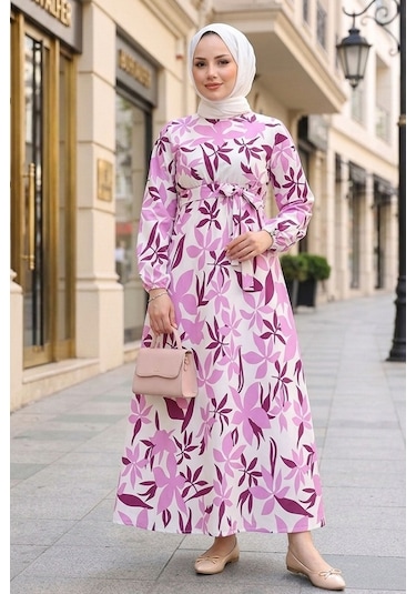 Bestenur Zerya Desenli Keten Elbise 1718 - Pembe