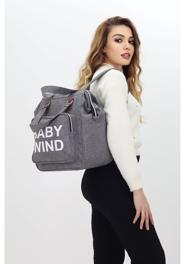 Termal Biberon Bölmeli Gri Anne Bebek Bakım Çantası Deri Detaylı Askılı Bebek Arabası Uyumlu Gri