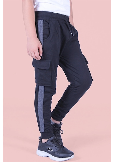 Yanı Şeritlii Kargo Cepli Erkek Çocuk Eşofman Altı Siyah