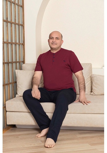 Erkek Geniş Kalıp %100 Pamuk Kısa Kol Cepli Büyük Beden Pijama Takımı Bordo